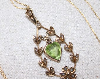 Victorian Antique 14k Solid Gold Seed Pearl Peridot Heart Pendant Necklace