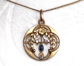 Edwardian Antique Gold Filled Sapphire & Diamond Paste Pendant Necklace