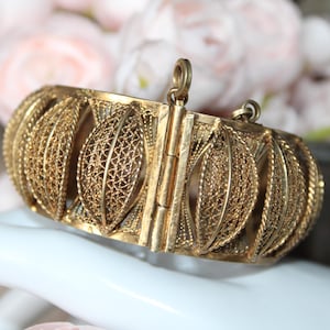 Wide Victorian Antique 800 Silver Vermeil Filigree Bangle Statement Bracelet
