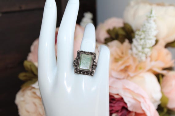 Antique French Indochina Sterling Silver Jade Ring 7.5