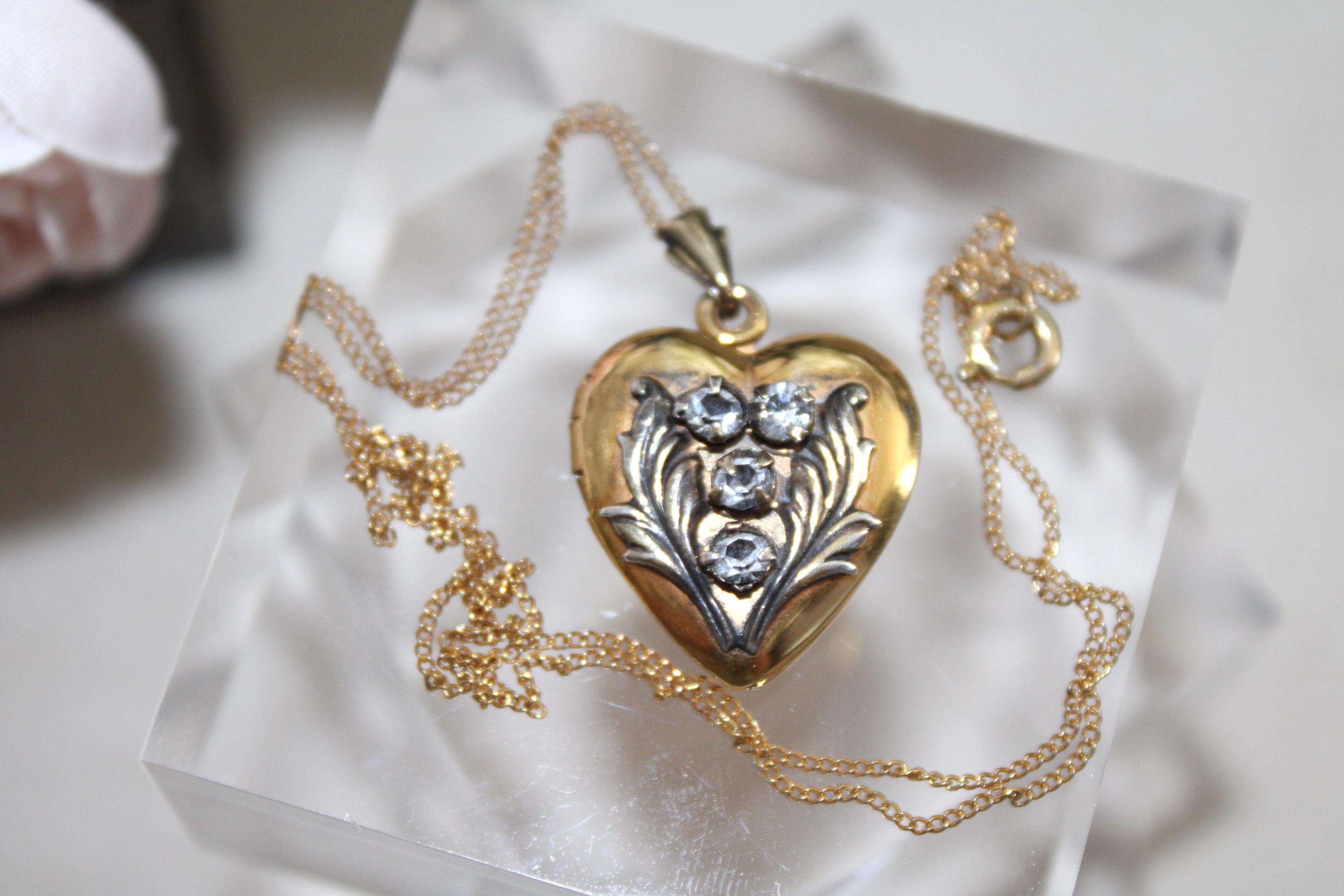 Vintage VARGAS 10k Gold Filled Sterling Rhinestone Heart Locket