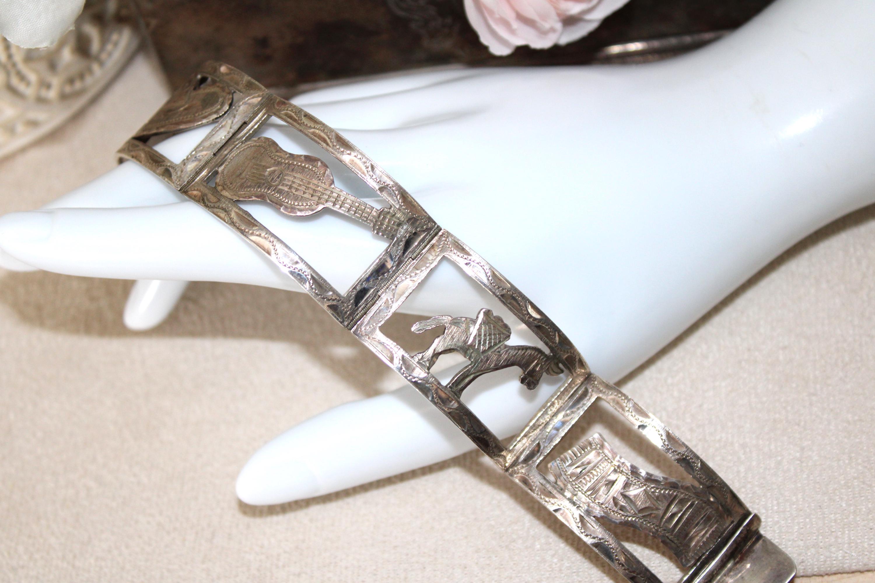 1950s Etched Sterling Silver Story Teller Panel Bracelet - Mexico