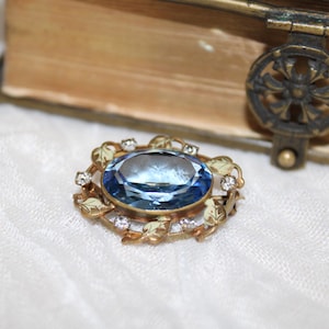 Antique Victorian Gold Vermeil Ivy Wreath Brooch, Massive 20x15mm Aqua Blue Paste Stone, Historic C Clasp Botanical Statement Pin, c.1890