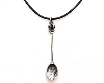 Spoon necklace with crown on cord, silver teaspoon, Alice in Wonderland tea party, spoonie