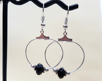 Silver hoop earrings with black faceted bead, silver plated earwires, 25mm hoop