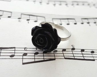 Black rose ring - small flower on adjustable silver base vintage style