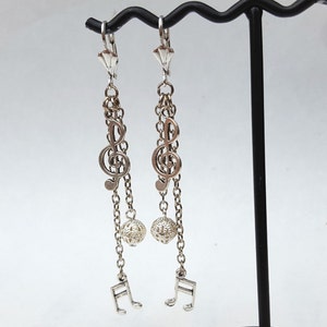 Music charm earrings, music note, treble clef, silver bead on chain drop earrings, pierced ears