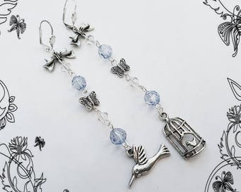 Mismatched earrings, bird & birdcage charms, butterflies, long dangle bead drop, asymmetric