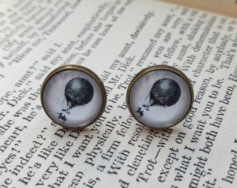 Hot air balloon earrings, antique bronze studs, 12mm cabochon, vintage steampunk travel