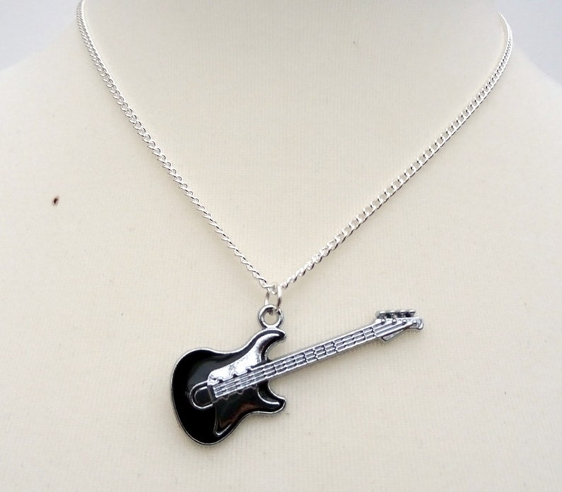 Guitar necklace black silver bass guitar charm on silver Etsy