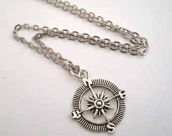 Silver compass necklace, travel jewellery, antique silver charm on chain