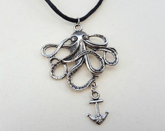 Octopus and anchor charm necklace, silver tone charms on black cord, nautical steampunk pirate theme