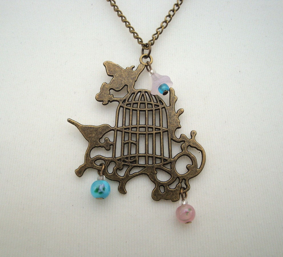 Birdcage necklace antique bronze vintage inspired beads Etsy