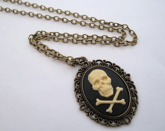 Skull and crossbones necklace, pirate cameo in antique bronze setting on choice of length chain