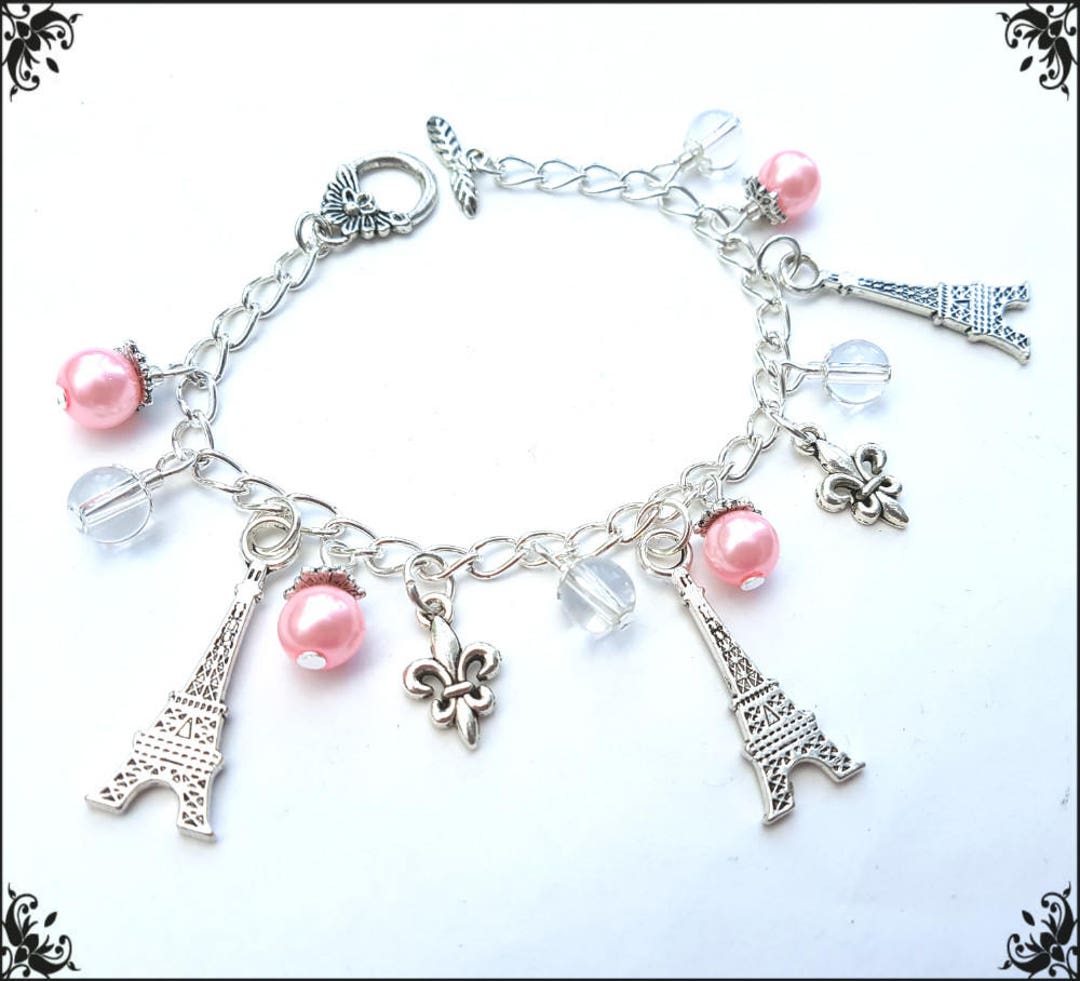 Eiffel Tower Bracelet, Silver Paris Charms, Fleur De Lis, Pink Glass