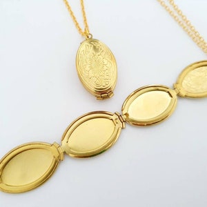 Brass 4 photo family locket necklace, folding design in a vintage style on gold plated chain