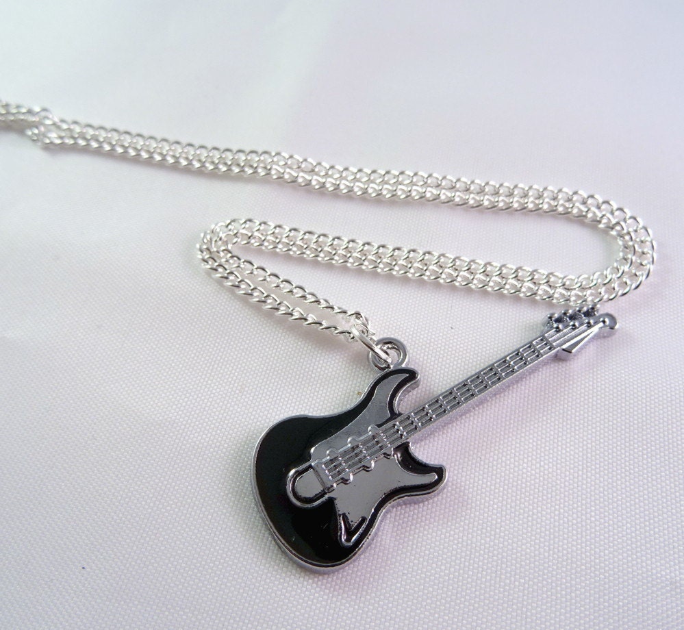 Guitar necklace black silver bass guitar charm on silver Etsy
