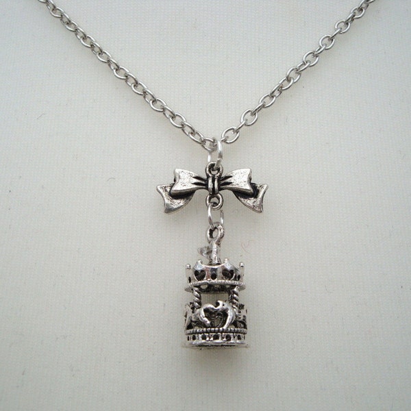 Silver carousel necklace - antique silver merry go round and bow charms on chain