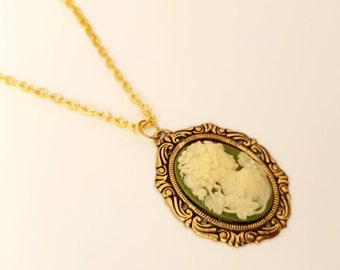 Cameo necklace, vintage style green and ivory lady cameo in antique gold setting on gold plated chain