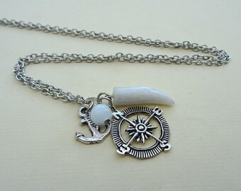 Tusk, compass and anchor charm necklace, white quartz, long antique silver chain, unisex, men's jewellery