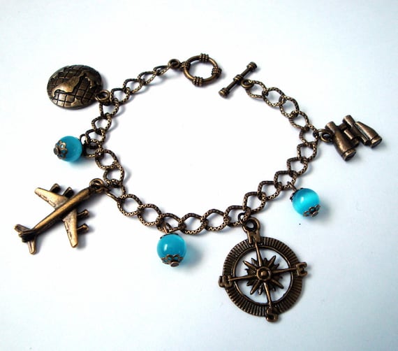 Travel Charm Bracelet Globe, Plane, Compass, Binoculars Charms