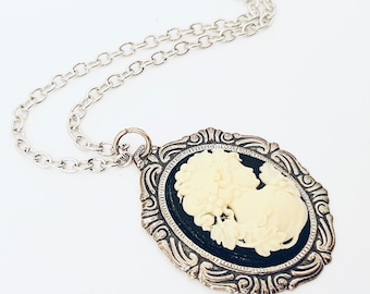 Cameo necklace, vintage style black and ivory cameo in antique silver setting