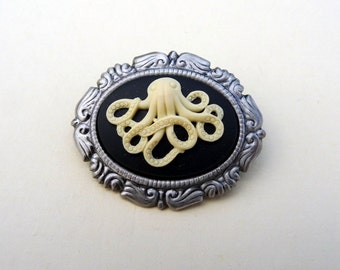 Octopus cameo brooch - steampunk pirate nautical in antique silver setting pin