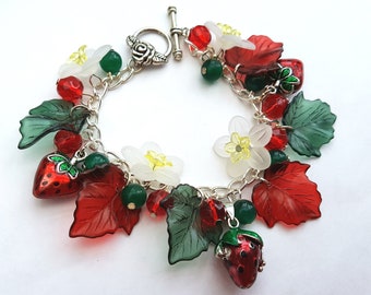 Strawberry charm bracelet, secret message locket, flowers and leaves, strawberries, floral, summer