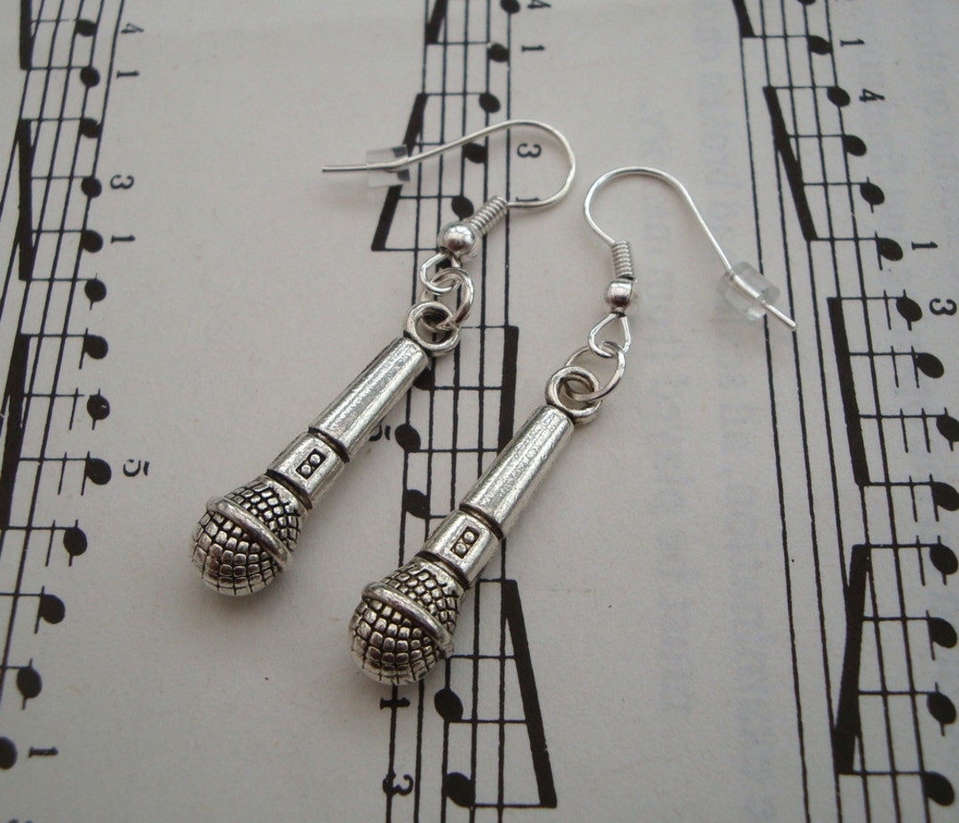 Silver microphone earrings, mic charm, singer, music theme, festival