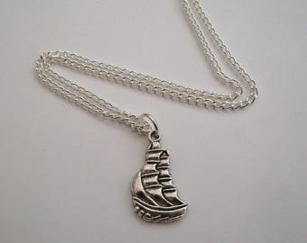 Pirate ship necklace, silver tone nautical galleon charm on silver plated chain