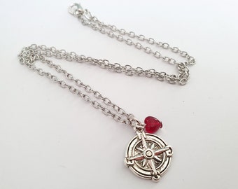 Silver compass necklace with red heart, travel jewellery, antique silver charm on chain