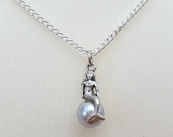 Mermaid necklace, silver pearl bead, silver charm on chain, nautical