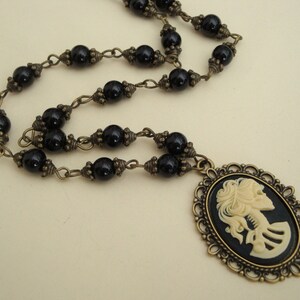 Skull cameo necklace - Skeleton Lady cameo, beaded, antique bronze and black beads, pirate, Gothic Lolita