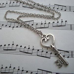 Silver key necklace - antique silver charm - vintage style