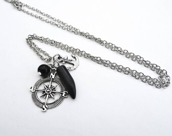 Onyx tusk, compass and anchor charm necklace, black bead, long antique silver chain, unisex, men's jewellery