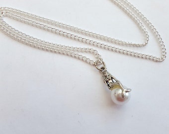 Mermaid necklace, white pearl bead, silver charm on chain, nautical