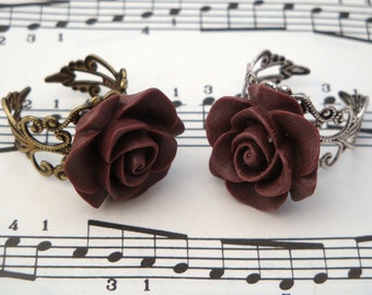 Rose ring burgundy wine flower on adjustable silver or bronze filigree base vintage inspired style