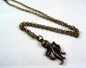 Octopus necklace, antique bronze charm - steampunk pirate kraken, nautical style jewellery