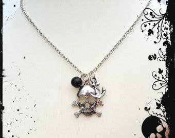 Pirate necklace, skull and crossbones and anchor silver charms with black bead