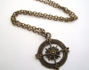 Compass necklace, antique bronze charm on charm, travel jewellery