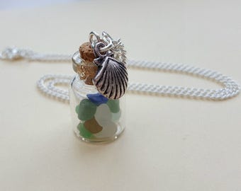 Sea glass necklace, bottle necklace, silver shell nautical pirate jewellery, seaglass, beach glass bottle charm