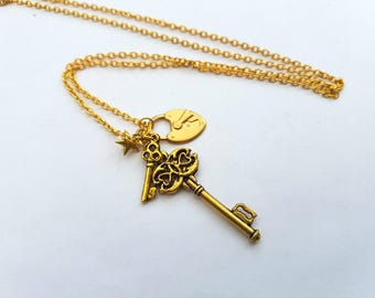 Lock and key necklace, gold padlock, keys and star charms on chain, key to my heart, best friends jewellery