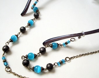 Glasses chain spectacles eyeglass lanyard vintage style beaded bronze & turquoise