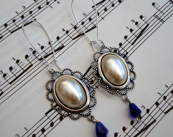 Vintage faux pearl cabochon earrings, statement assemblage with upcycled ivory pearls and blue beads