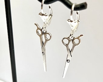 Scissors charm earrings, small silver tone charm on silver plated lever back earwires, suit hairdresser or sewing theme