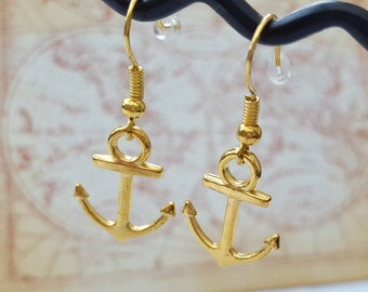 Gold plated anchor earrings, nautical pirate style jewellery