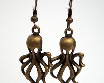 Octopus earrings, charms in antique bronze, steampunk pirate nautical style