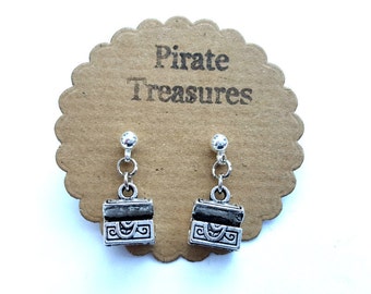 Pirate earrings, treasure chest earrings, silver charms on studs, nautical theme