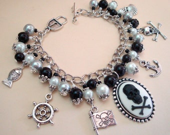 Pirate charm bracelet with skull and crossbones cameo in black & white