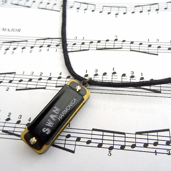 Harmonica necklace - black cord - real working playable mini harmonica